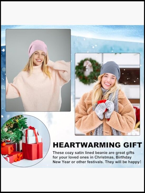 6 Pack Satin Lined Beanies Slouchy Knit Hats Cuffed Skull Cap for Women Men main image 6